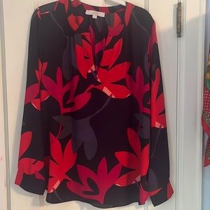 Twice worn blue, red, magenta and salmon floral print blouse